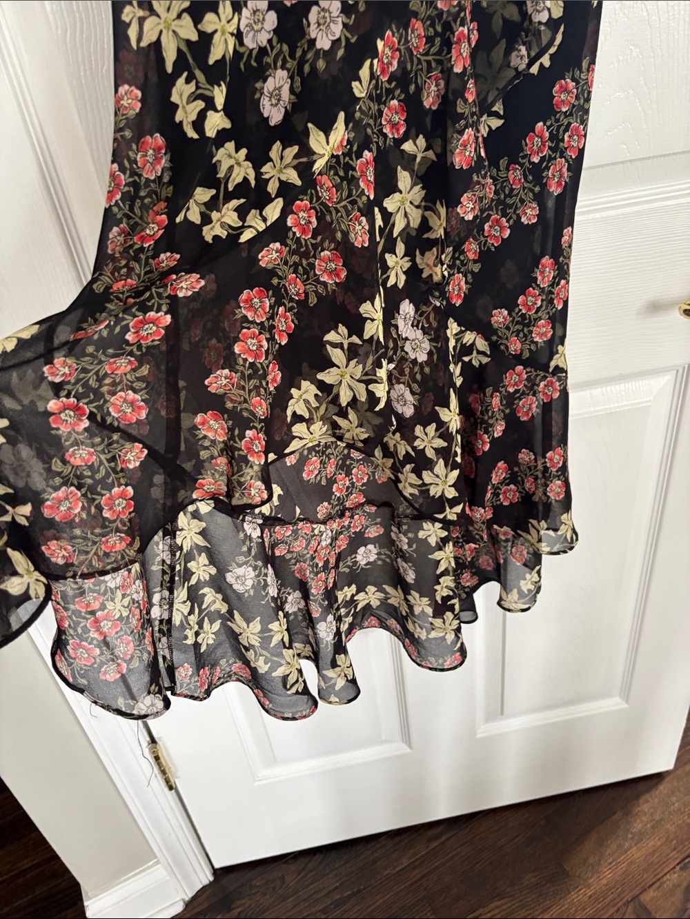 Guess Black Floral Asymmetrical Slip Dress with Red and Cream Blooms - Picture 3 of 4